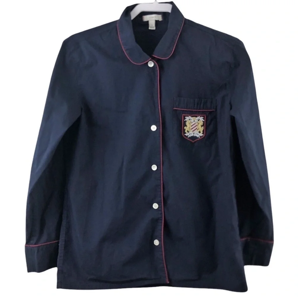 J.Crew Navy Embroidered Emblem Pajama Shirt Top